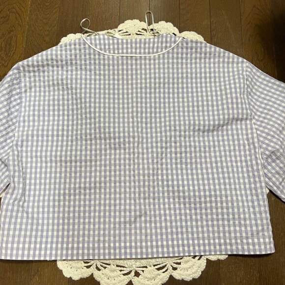 New Zara Lavender Gingham Button Down Check Cropped Blouse Top - Picture 2 of 5